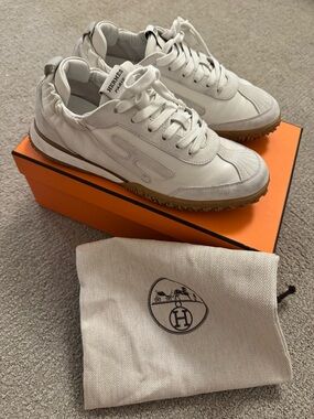 Hermes Jet White Leather & Suede Women's Sneakers